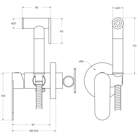 гигиенический душ cezares stylus stylus-dif-nop со смесителем, черный матовый
