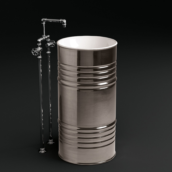 раковина напольная kerasan artwork barrel 4742k44, 45 x h90 см, слив в пол, цвет: белый / платина