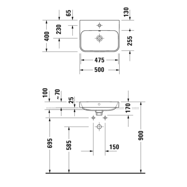 раковина duravit happy d.2 plus 500х400мм с переливом, 1 отв под смес, с креплением, выпуск с керам. покрытием, антрацит матовый с покрытием wondergliss