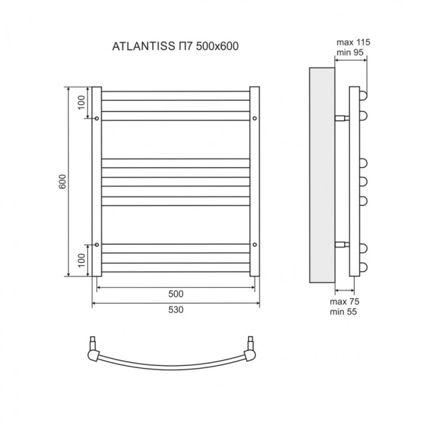 полотенцесушитель электрический lemark atlantiss п7 lm32607rebl 500x600, левый/правый, черный