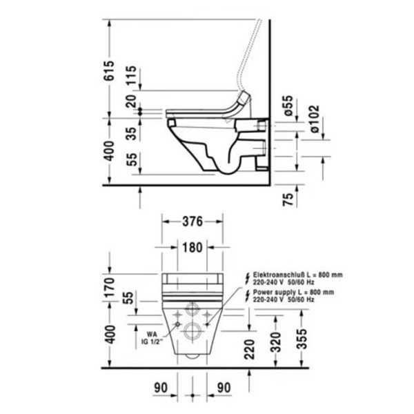 унитаз duravit durastyle 2537590000 подвесной, для крышки-биде sensowash, цвет белый