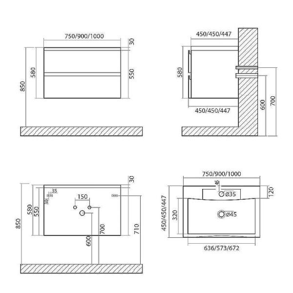 тумба под раковину art&max bianchi подвесная с двумя выкатными ящиками, белый матовый am-bianchi-900-2c-so-bm