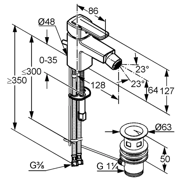 смеситель kludi q-beo 502160575 для биде, с донным клапаном, хром