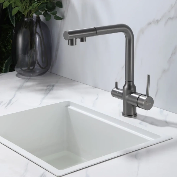 смеситель для кухни abber emotion af8814ng с подключением к фильтру, выдвижным изливом, никель