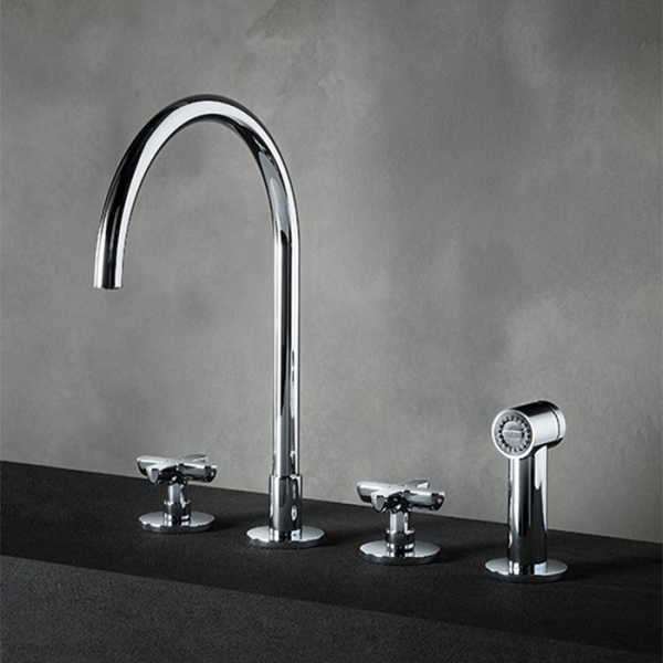 смеситель fantini icona classic 53 02 r051 для кухни, 4 отв, без донного клапана, излив 215 мм, с ручн. душем, цвет хром