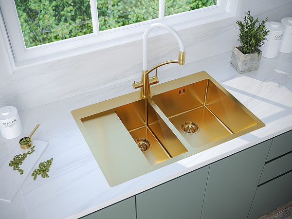 кухонная мойка paulmark kroner 78/2sf pm227851-bgr, правая, цвет золотой матовый.