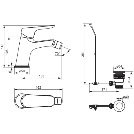 смеситель damixa jupiter 770240000 для биде, с донным клапаном, хром