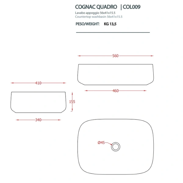 раковина artceram cognac quadro col009 15 00 накладная, без отв., без перелива, на столешницу, saniglaze, 56x41xh15.5 см, grigio oliva (серая олива)