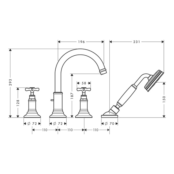 смеситель axor montreux на борт ванны, на 4 отв., с ручным душем, цвет: шлифованная бронза