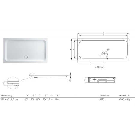 душевой поддон bette bettesupra 5870-000 ar 120×80 см, прямоугольный, белый