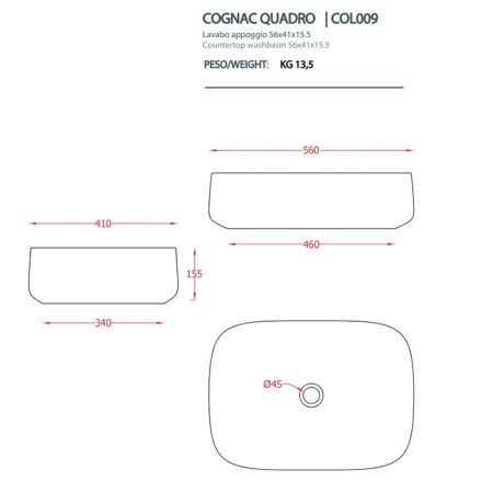 раковина artceram cognac quadro col009 59 34 накладная, без отв., без перелива, на столешницу, saniglaze, 56x41xh15.5 см, sand
