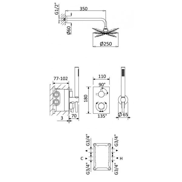 душевой комплект 250 мм cezares leaf leaf-dsip-t-25-sr